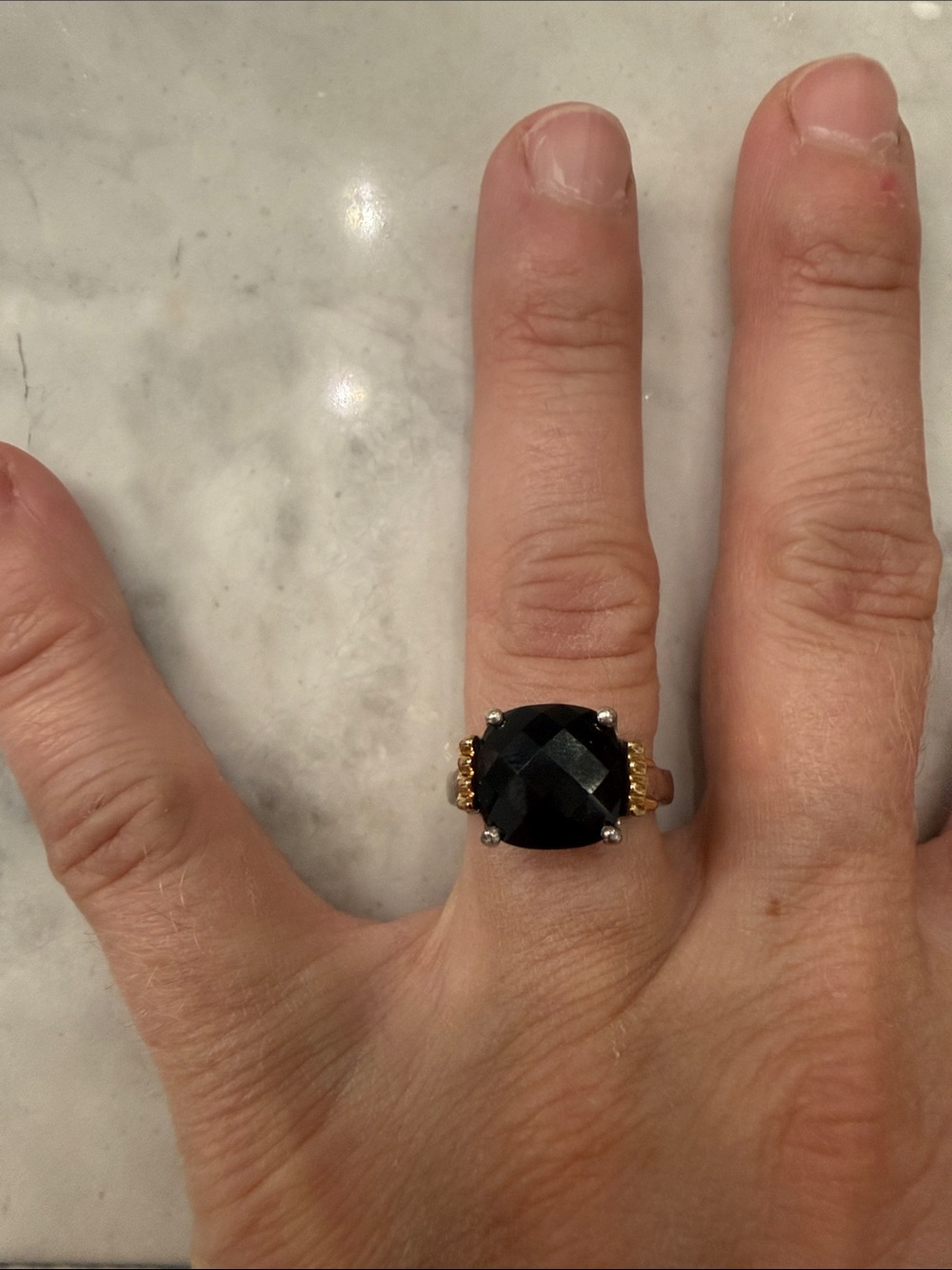 Black Onyx Sterling Silver Ring with Gold Accents